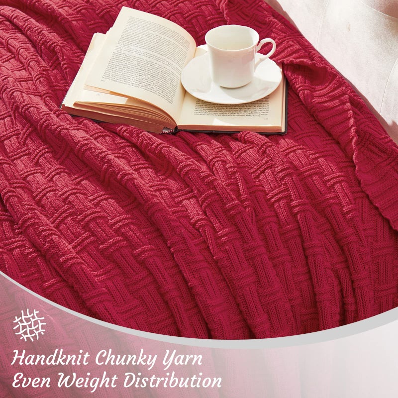 TREELY 100% Cotton Knitted Throw Blanket Couch Cover Blanket(50 x 60 Inches, Red) - Image 5